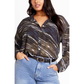 City Chic Sally Sheer Button-Up Shirt in Marble at Nordstrom, Size Xxs