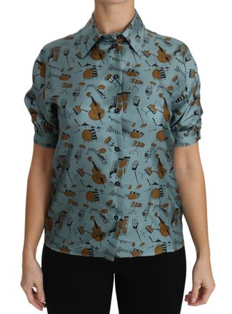Dolce & Gabbana Womens Multicolor Musical Instruments Silk Short Sleeve Shirt