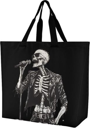 Generic Rock Nroll Skeleton Tote Bag Reusable Grocery Shopping Bags Large Travel One Shoulder Handbag for Picnic Work