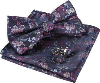 Alizeal Mens Floral Pattern Pre-tied Bow Tie, Pocket Square and Cufflinks Set, Navy+Magenta+Pink