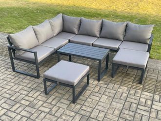 Fimous Aluminum 8 Seater Outdoor Lounge Corner Sofa Set Garden Furniture Sets with Oblong Coffee Table 2 Big Footstool Dark Grey