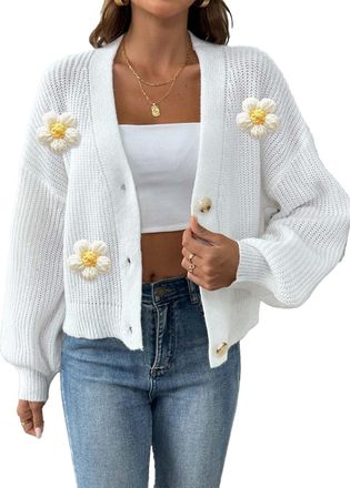 Generic Fall Open Front Cardigans Casual Cropped Sweater Cardigan Top Long Sleeve Loose Cardigan with Flowers Knit Cardigans White