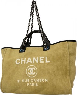 Chanel Beige Black Canvas Tote Bag (Pre-Owned)