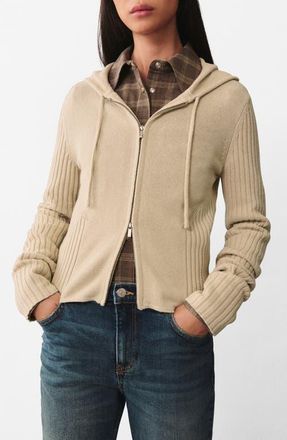 Mango Rib Zip Sweater Hoodie in Ecru at Nordstrom, Size Medium