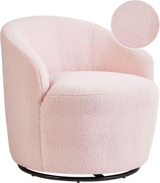 Beliani Sill&oacute;n Respaldo Curvo Glamour Art Deco Boucl&eacute; Vell&oacute;n Base Negra Giratoria 360&deg; Rosa Pastel Davik