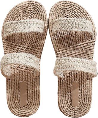 SOLUSTRE MOBUTOFU Straw Sandals Women Flat Beach Slippers Beige Woven Sole Summer Casual Slip-On Sandals for Outdoor and Travel