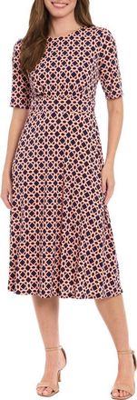 London Times Geo Print Elbow Sleeve Fit & Flare Dress in Navy/Orange at Nordstrom Rack, Size 12