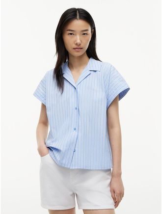 Tommy Hilfiger Womens Striped Poplin Camp Shirt - Blue - XXL