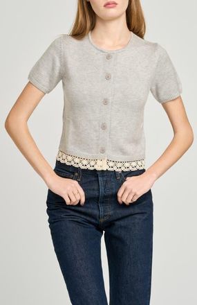 Wayf Carine Lace Trim Button Front Cardigan in Light Heather Grey at Nordstrom, Size X-Large