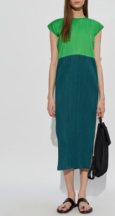 Pleats Please Issey Miyake Pleated Dress With Side Slits, Womens, Green