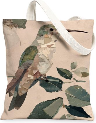 Generic Hummingbird Canvas Tote Bags, Floral Leaf Pattern Reusable Grocery Bags, Spring Vintage Lightweight Washable Shoulder Strap, Beige, 13x15 Inch