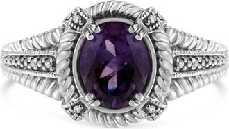 House of Brilliance 925 Sterling Silver Natural Oval Shape 9X7 MM Purple Amethyst Solitaire and Diamond Accent Ring