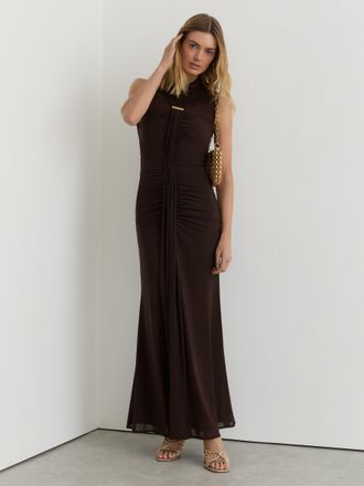 Reiss Chocolate Brown Petite Ruched Sleeveless Maxi Dress, 10