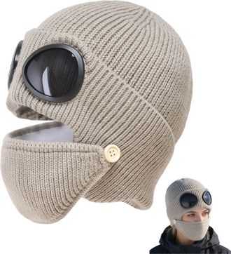 Generic Unisex Winter Ski Beanie Hat with Goggles and Detachable Mask for Skiing Cycling and Outdoor Activities (Khaki)