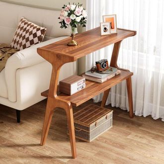Tribesigns Tribesigns - Tavolino stretto per soggiorno, tavolino sottile a 2 livelli con gambe in legno massello, moderno tavolino alto con ripiano