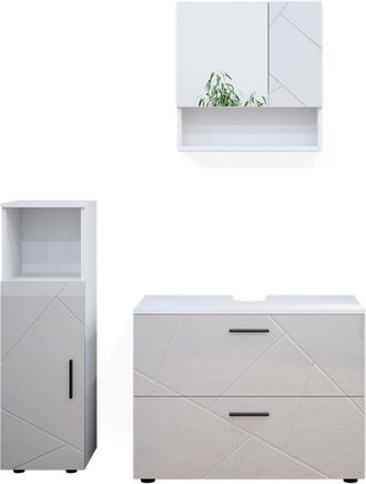 Vicco Conjunto De Muebles De Ba&ntilde;o Irma, Blanco Alto Brillo, 3 Piezas, Con Mueble Alto