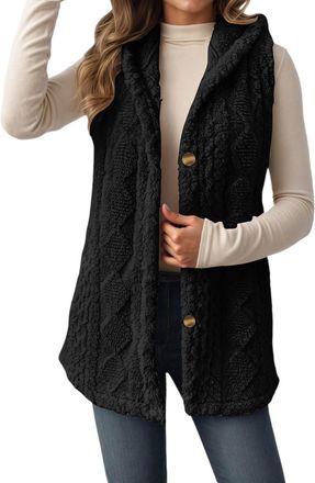 Generic Gilet For Women UK Fleece Sleeveless Button Down Hooded Waistcoat With Pockets Autumn Winter Solid Color Lightweight Soft Thermal Vests Warm Comfortab