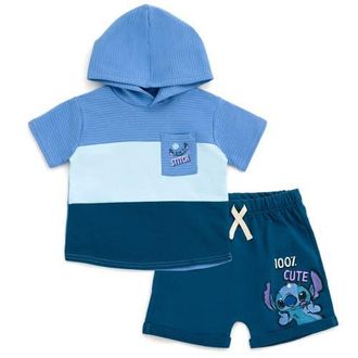 Disney Mickey Mouse 2-Piece Hooded Tee and Shorts Set in Navy Blue Stitch at Nordstrom, Size 6-9M