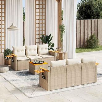vidaXL Vidaxl - Set Sof&aacute;s De Jard&iacute;n 7 Piezas Y Cojines Rat&aacute;n Sint&eacute;tico Beige