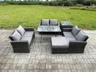 Fimous 7 Seater Rattan Wicker Garden Furniture Patio Conservatory Sofa Set with Rectangular Dining Table Side Table in Dark Grey