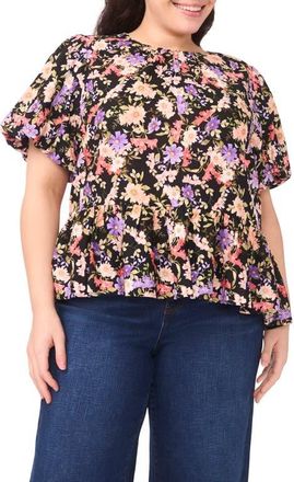 CeCe by Cynthia Steffe Floral Puff Sleeve Peplum Top in Rich Black at Nordstrom, Size 3 X