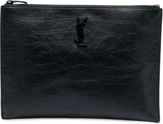 Saint Laurent Clutch per iPad in pelle goffrata effetto coccodrillo con monogramma 2017 - Nero
