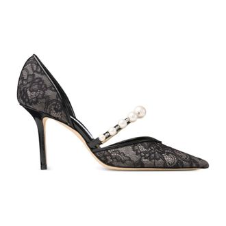Jimmy Choo London Pumps, female, Black, Size: 9 US Lace Pointed-Toe Pumps with Pearl Embellishment