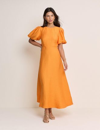 Nobody's Child Orange Puff Sleeve Zola Midi Dress