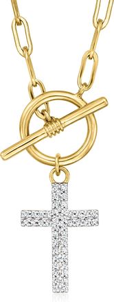 Ross-Simons Diamond Cross Paper Clip Link Toggle Necklace in 18kt Gold Over Sterling
