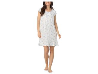 Eileen West Cotton Knit Cap Sleeve Short Nightgown Womens Clothing Mint Ground Lavender Floral : XL