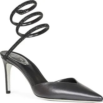 Rene Caovilla Womens Slingback Pumps With Crystal Snake Detail Black Lambskin High Heel Shoes