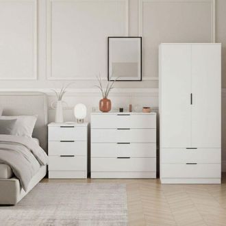 Home Discount Trega 3pc Bedroom Furniture Set - 3 Drawer Bedside, 4 Drawer Chest & 2 Door Wardrobe, White