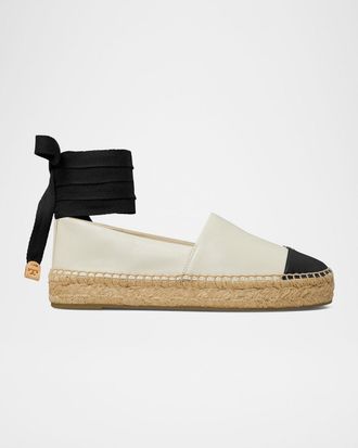 Tory Burch Bicolor Leather Ankle-Wrap Espadrilles