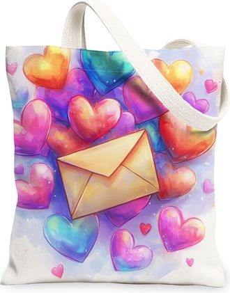 Generic Heart Pattern Canvas Tote Bags, Colorful Love Design Reusable Grocery Bags, Spring Romantic Lightweight Washable Shoulder Strap Canvas for Travel Shop