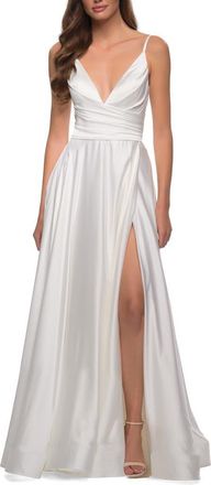 La Femme Long Satin Dress with Side Slit and V Shaped Back in White at Nordstrom, Size 10