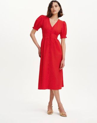 Finery Petite Samantha Button Down Midi Dress in Red Spot at Nordstrom, Size 10