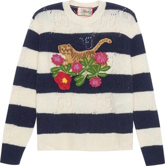 Gucci (WMNS) Gucci Tiger Wool Sweater with Embroidery Tiger and flower Ivory Navy 683896-XKB77-9801