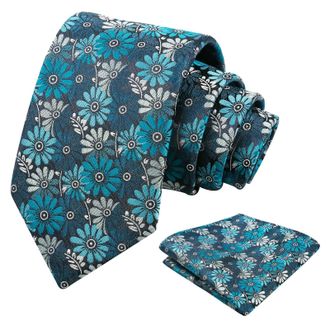 Alizeal Mens Flower Necktie Daisy Floral Wedding Business Multicolor Modern Tie and Pocket Square Set, Navy+Teal