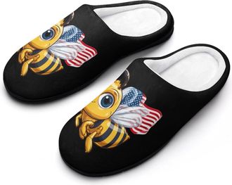 Generic Cute Bee with U.S. Flag Funny Mens Cotton Slippers Soft Non-Slip Rubber Sole House Slipper Indoor Outdoor