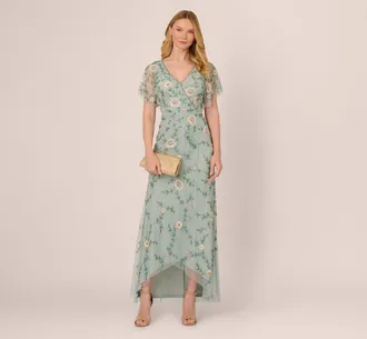Adrianna Papell Flutter Sleeve Beaded Wrap Dress In Aqua Dust