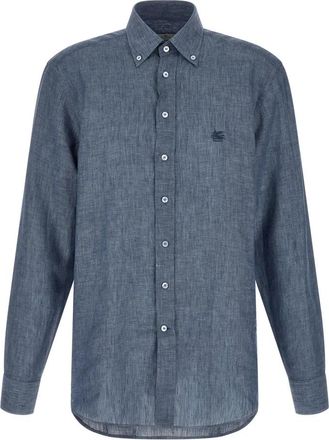 Etro M&eacute;lange Linnen Overhemd - Heren - Casual Overhemden - Blauw - M - Linnen - Overhemden