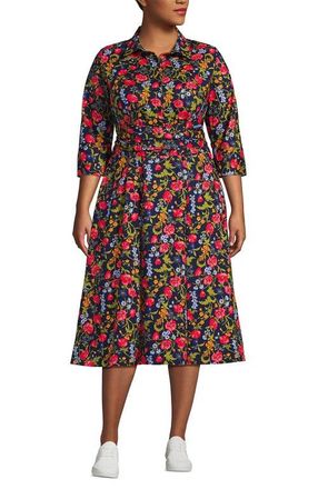 Lands End Plus Size Poplin Midi Wrap Front Dress in Deep Sea Poppy Floral at Nordstrom, Size 22W