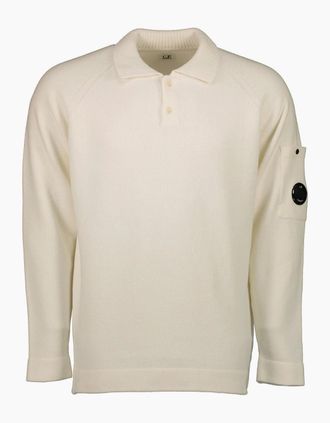 C.P. Company Mens Chenille Polo Collar Lens Knit - White - Size: 40