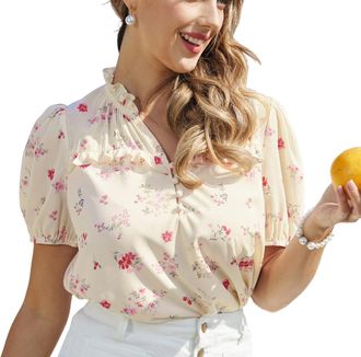 Belle Poque Women Elegant Shirts Spring Retro V Neck Puff Sleeve Blouse for Holiday Apricot and Pink XL