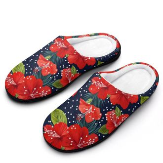 Generic Hibiscus Flowers Womens Slippers Warm House Slippers Indoor House Shoes with Anti-Skid Rubber Sole