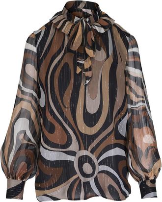 Pucci Flowing Semi-Sheer Blouse With Tie-Neck And Balloon Sleeves