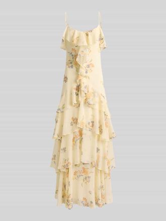 Lauren Ralph Lauren Fit and Flare Abendkleid mit Spaghettitr&auml;gern und Volants in Ecru, Gr&ouml;&szlig;e 34