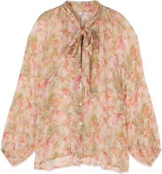 Oltre Geplooide blouse van viscose met strik - Dames - Blouses - Roze - L - Overhemden