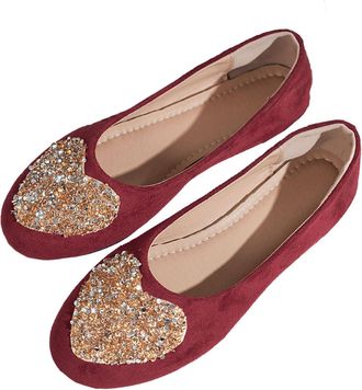 Generic Rhinestone Suede Soft-Soled Fairy-Style Round-Toed Flat Shoes, Rhinestone Womens Sparkly Orthopedic Loafers, Glitter Slip-On Flats with Heart Details 