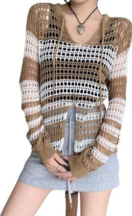 Generic Womens Gothic Hollow Out Sweater Spring Hole See Through Oversized Knitted Pullovers Grunge V-Neck Stripe Splicing Shirt (UK, Alpha, One Size, Regular
